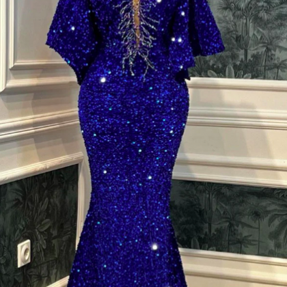 Royal Blue Glitter Mermaid Evening Dresses Cape..