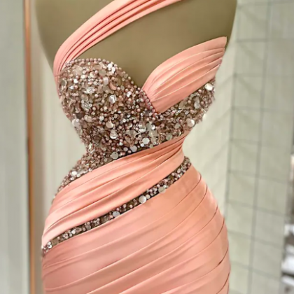 Pink Cocktail Party Gowns One Shoulder Beaded..