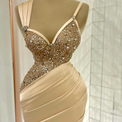 Champagne Cocktail Party Gowns Beaded Pleats Mini..