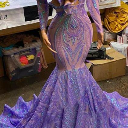 Long Sleeves Women Purple V Neck Prom Dresses 2023..