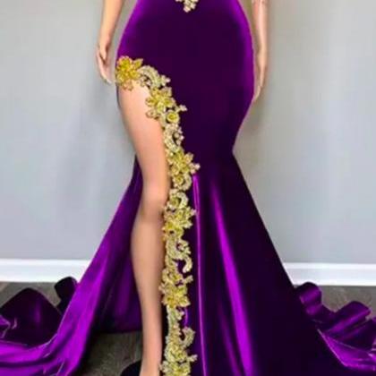 Arabic Aso Ebi Purple Lace Mermaid Prom Dresses..