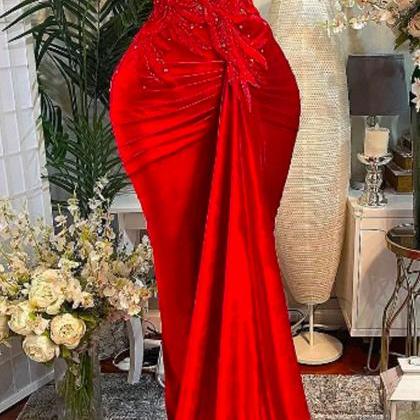2024 Plus Size Arabic Aso Ebi Red Mermaid Lace..
