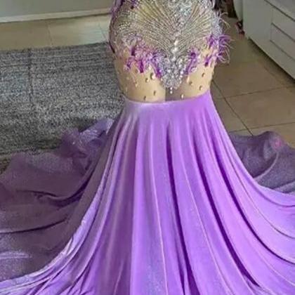 Lavender Velvet Feathers Crystal Beading Prom..