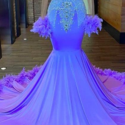 Light Purple Feathers Long Sleeve Prom Dresses For..