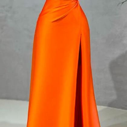 Orange Evening Dresses Irregular Neckline Side..