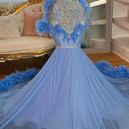 Silver Beaded Diamonds Blue Evening Dresses One..