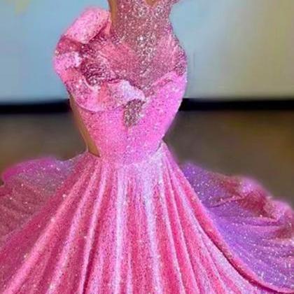 Pink Sheer O Neck Evening Gowns For Black Girls..