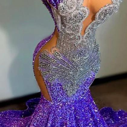 Sexy Purple Sequins Mermaid Prom Dress For Black..