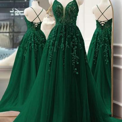Green Lace Appliques Prom Dresses Long For Women..