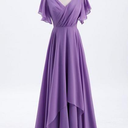 Purple A Line Chiffon Bridesmaid Dresses Ruffle..