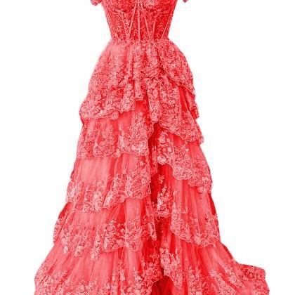 Off The Shoulder Lace Appliques Tiered Prom..