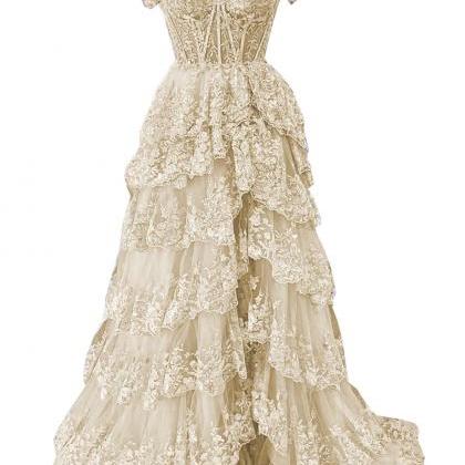 Off The Shoulder Lace Appliques Tiered Prom..