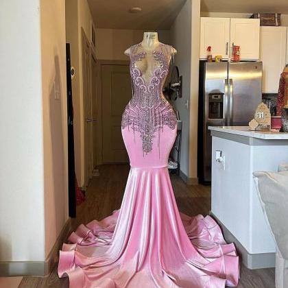Tassel Crystal Mermaid Satin Prom Dresses Illusion..