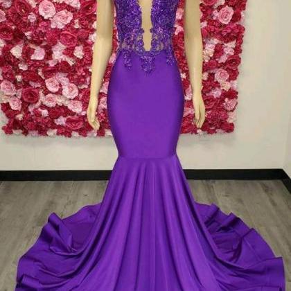 Purple Prom Dresses With Illusion Crew Neckline..