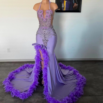 Mermaid Feather Crystal Prom Dresses With Slit..