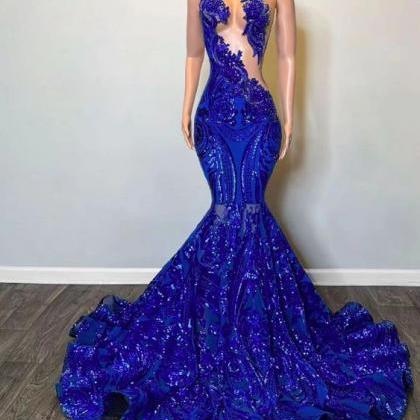 Royal Blue Sparkly Sequins Mermaid Prom Dresses..