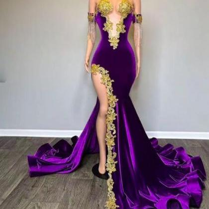 Purple Velvet Appliques Prom Dresses Long With..