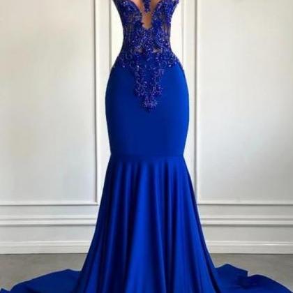 Royal Blue Mermaid Satin Prom Dresses Long For..