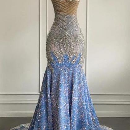 Light Blue Sparkly Crystal Beaded Prom Dresses..