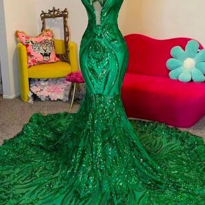 Green Glitter Lace Prom Dresses Long Mermaid..