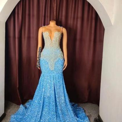 Sparkly Light Blue Crystal Prom Dresses Long..