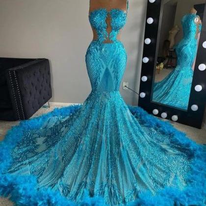Blue Lace Feather Prom Dresses Long 2024 Illusion..