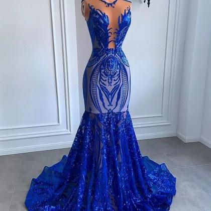Sparkly Royal Blue Lace Prom Dresses Long For..