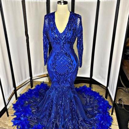 Glitter Lace Sequins Feather Prom Dresses Deep V..