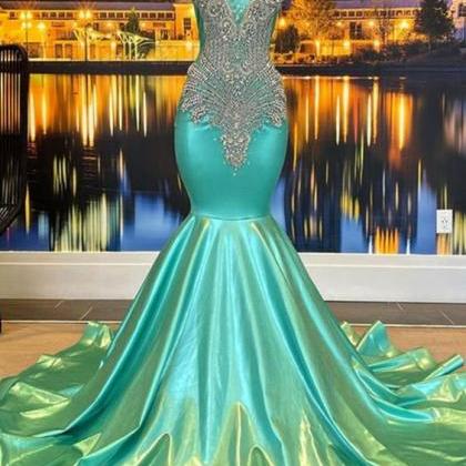 Mermaid High Neck Crystal Prom Dresses Long With..