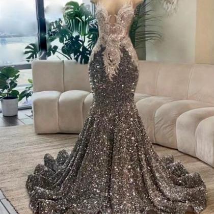 Sliver Gray Crystal Sparkly Prom Dresses Illusion..