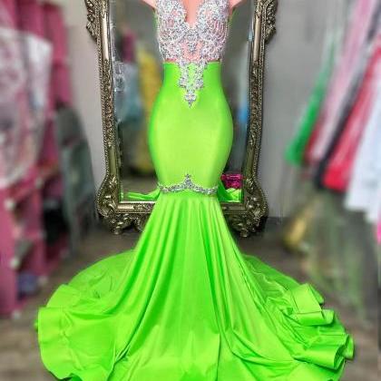 Green Illusion Crew Neckline Prom Dresses Mermaid..