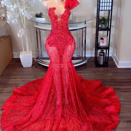 Red Sparkly Prom Dresses Crystal Sequins Beading..