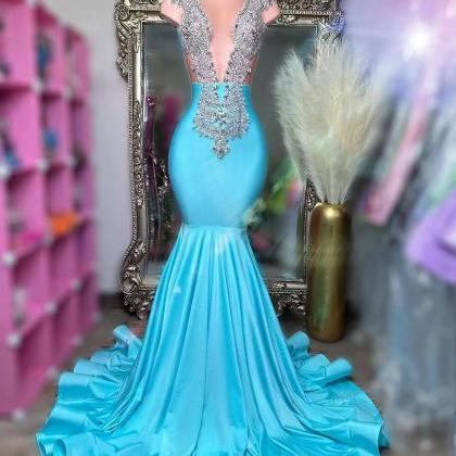 Blue Satin Prom Dresses Long Beaded Crystal..