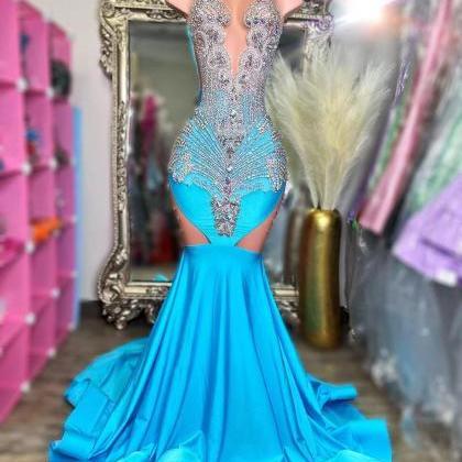 Blue Crystal Beaded Prom Dresses Long For Women..