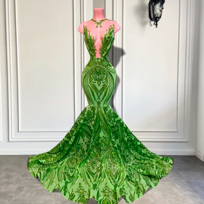 Women's Green Lace Prom Dresses Long..