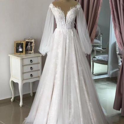 Lace A Line Wedding Dresses, Long Sleeve Bridal..