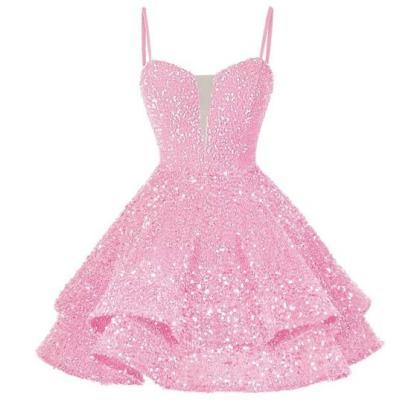 Pink Sequins Short Homecoming Dresses Spaghetti..