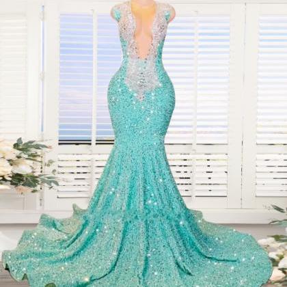 Aqua Blue Sparkly Sequins Mermaid Prom Dresses..