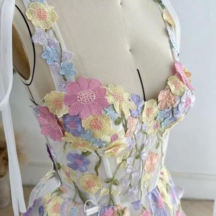 Short Round Neck 3D Floral Prom Dresses, Short 3D Flower Formal Homecoming Dresses