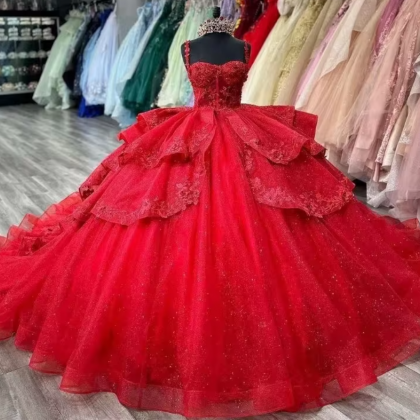 3D Floral Red Quinceañera Ball Gown with Sequins Tulle