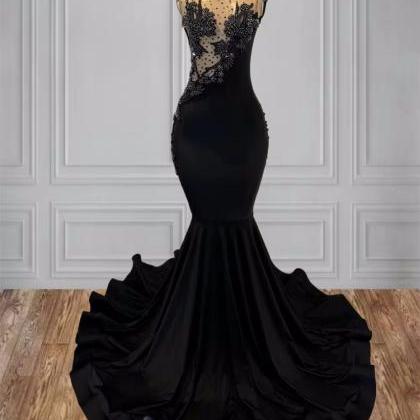Black Velvet Sequin Feathers Train Rhinestone Prom Dress Black Girl African Mermaid Elegant Dress For Wedding Party Sexy main image 1