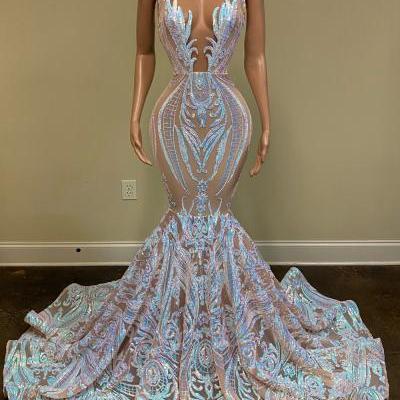 Long Sparkly Prom Dresses 2023 Sheer O-neck Sleeveless Real Picture African Black Girls Mermaid Prom Gala Gowns