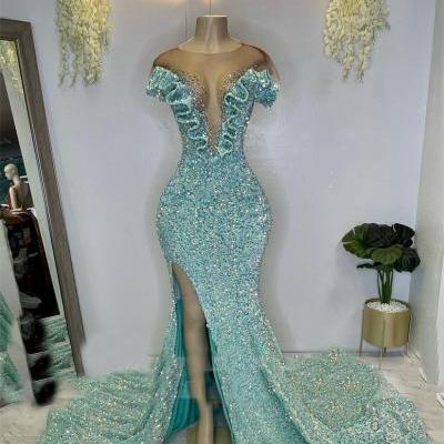 Light Blue Prom Dresses 2023 Sheer Crew Beaded Neckline Side Slit Sparkly Evening Gowns