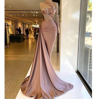 one shoulder long sleeve prom dresses 2023 pleats mermaid satin rose pink long evening dresses gowns