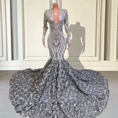 Silver Prom Dresses 2023 Black Girl Long Mermaid V Neck Full Sleeve 3D Flowers Train Formal Party Evening Gown for Wedding