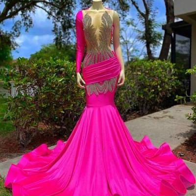 Sexy Open Back Hot Pink Prom Dresses Mermaid 2023 Luxury for Black Girl Beads Long Sleeve Women Formal Evening Gown for Wedding