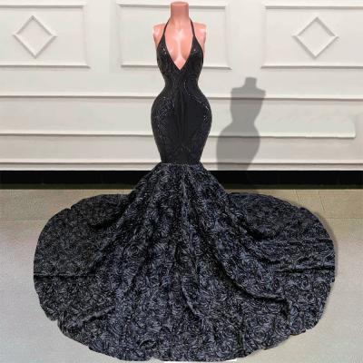 Sparkly Sequin Mermaid Long Prom Dresses 2023 Luxury Black Girls V Neck Backless 3D Flowers Train Formal Evening Gowns for Party