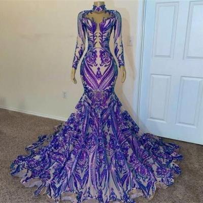 purple prom dresses, long sleeve prom dresses, lace evening dresses, sparkly evening dresses, sequins evening dresses, cheap party dresses, 2023 evening dresses, mermaid prom dresses