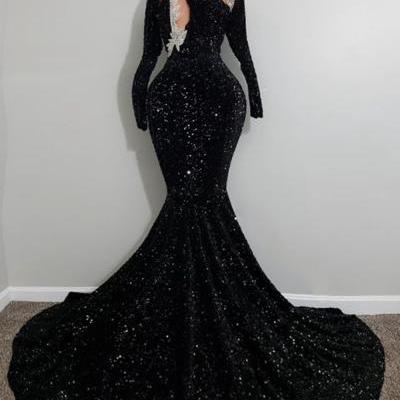 Sexy High Neck Long Sleeve Sparkly Black Sequin African Black Girls Mermaid Long Prom Dresses 2022