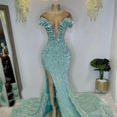 sequins prom dresses, arabic prom dresses, cheap evening dresses, new arrival party dresses, fashion evening gowns, blue prom dresses, crystal prom dress, mermaid evening dresses, side slit prom dress, sexy prom dresses